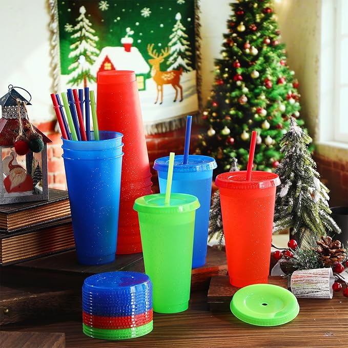 Honeydak 30 Pack Tumbler with Straw and Lid Bulk Cups for Gifts Glitter Plastic Coffee Cups 24-27 oz Reusable Water Bottle Iced Coffee Travel Mug Party Favors for Birthdays Travel (Primary Color)