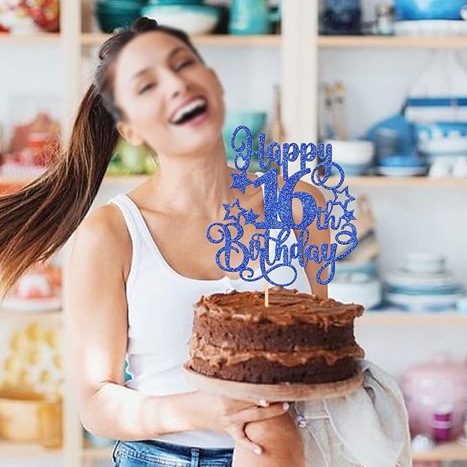1 PCS Happy 16th Birthday Cake Topper Glitter Cheers to 16 Years Birthday Cake Pick Hello 16 Fabulous Cake Decoration for Happy 16th Birthday Anniversary Party Decorations Supplies Blue