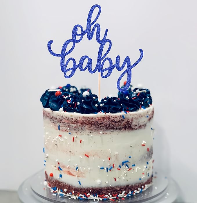Oh Baby Cake Topper - Glitter Roval Blue Baby Shower Cake Decoration Supplies, for Baby Shower/Gender Reveal Party/Baby Birthday Party Photo Booth Props