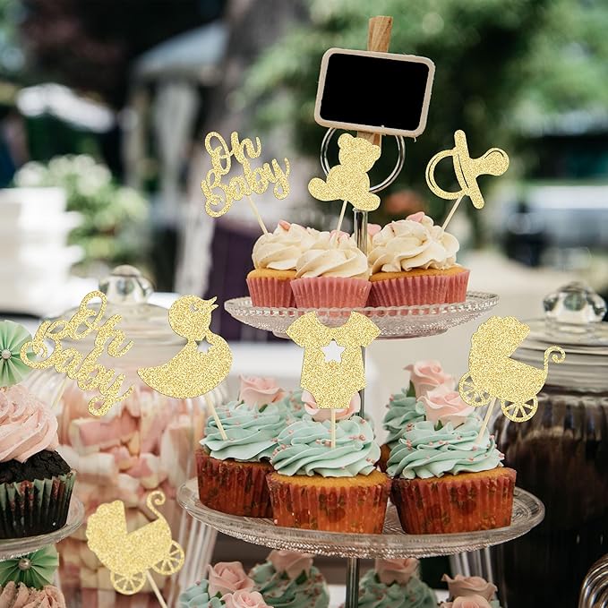 Gyufise 36Pcs Oh Baby Cupcake Toppers Glitter Bear Pacifier Baby Carriage Cupcake Picks Gender Reveal Cake Decorations for Kids Birthday Party Supplies Gold