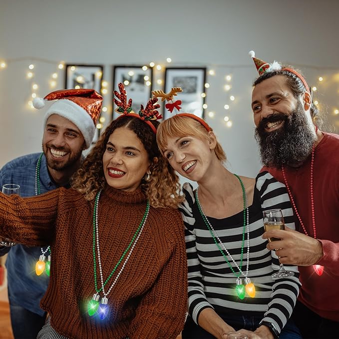 48PCS Light Up Christmas Necklaces, 3 Lighting Modes Festive Xmas Accessories, 4 Vibrant Colors Lights Bead Chain, Christmas Party Favors Necklaces for Holiday Celebrations New Year Decorative