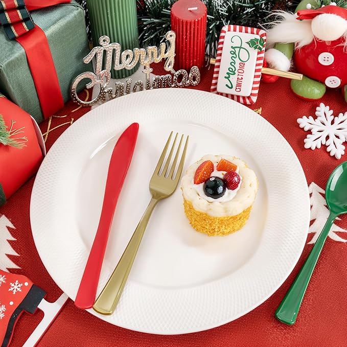 Liacere 100Pack Pre Rolled Silverware and Napkin - Wrapped Plastic Cutlery Set with Napkin:100 Gold Forks,100 Red Knives,100 Green Spoons,100 Napkins for Christmas