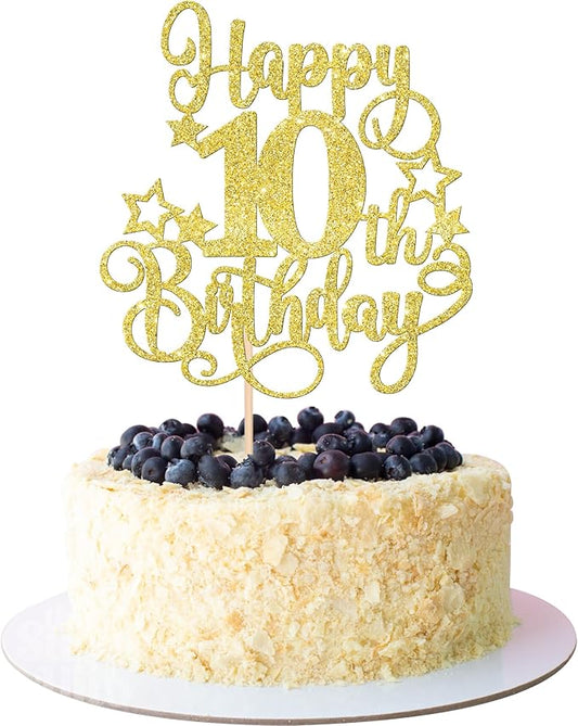 1 PCS Happy 10th Birthday Cake Topper Glitter Cheers to 10 Years Birthday Cake Pick Hello 10 Fabulous Cake Decoration for Happy 10th Birthday Anniversary Party Decorations Supplies Gold