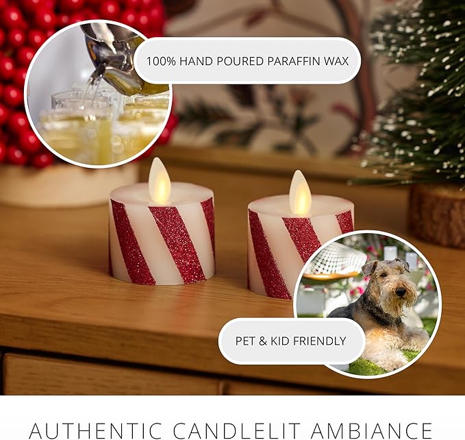Luminara 2-Pack Moving Flame LED Flameless Tealight (1.4" x 2") Battery Operated Plastic LED Flameless Tea Light Smooth (Candy Cane Red)