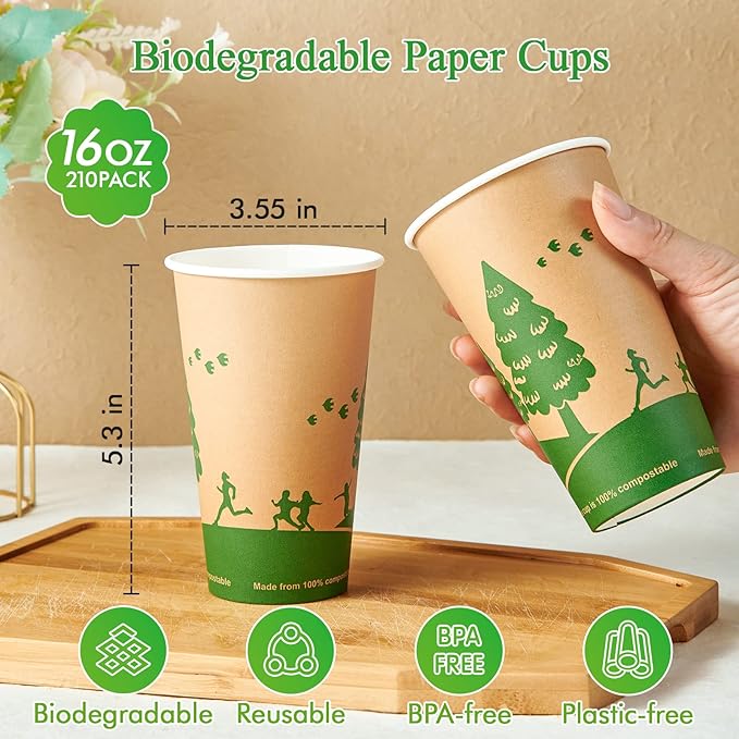 ECOLipak 210 Count 16 oz Paper Cups, 100% Compostable Paper Coffee Cups with PLA Lined, Disposable Biodegradable Hot Paper Cups for Party, Picnic, Travel, and Events