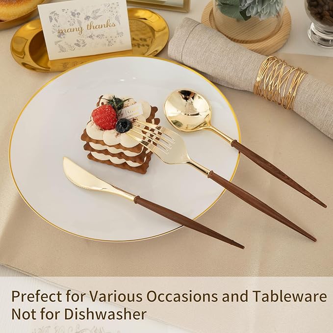 N9R 90Pcs Gold Plastic Silverware Heavy Duty, Elegant Disposable Plastic Silverware with Wood Grain Handle, Gold Plastic Cutlery Set Include 30 Forks, 30 Spoons, 30 Knives Perfect for Wedding, Party