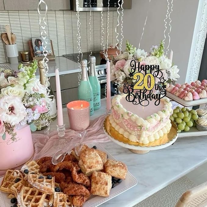 1 PCS Happy 20th Birthday Cake Topper Black Gold Glitter Cheers to 20 Years Birthday Cake Pick Hello 20 Fabulous Cake Decoration for Happy 20th Birthday Anniversary Party Decorations Supplies