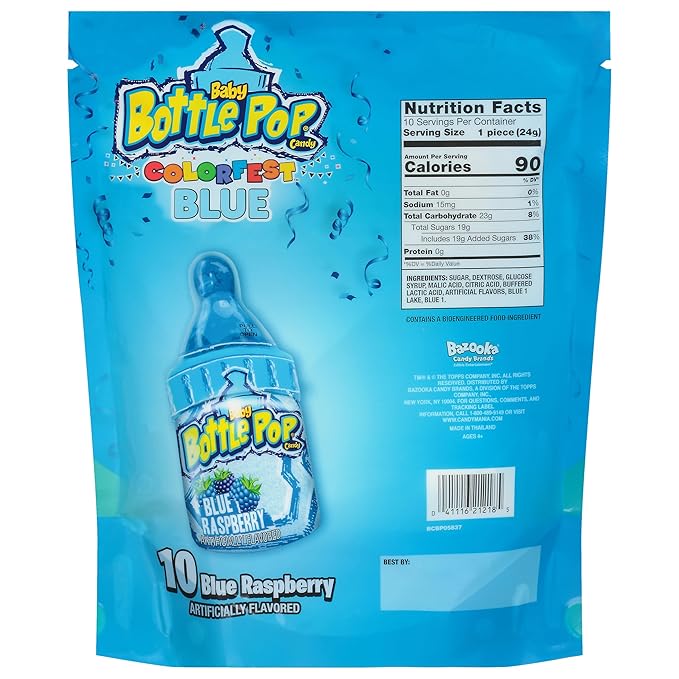 Baby Bottle Pop Christmas Candy Blue Lollipops, 10 Ct Bulk Lollipops with Dipping Powder in Blue Raspberry Flavor, Full Size, Individually Wrapped Hard Candy For Party Favors, Stocking Stuffers, Gifts