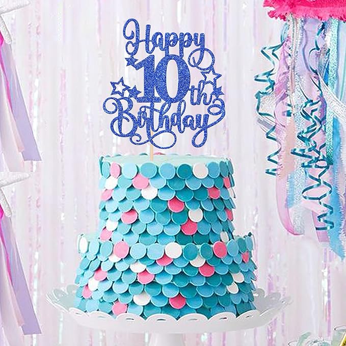 1 PCS Happy 10th Birthday Cake Topper Glitter Cheers to 10 Years Birthday Cake Pick Hello 10 Fabulous Cake Decoration for Happy 10th Birthday Anniversary Party Decorations Supplies Blue