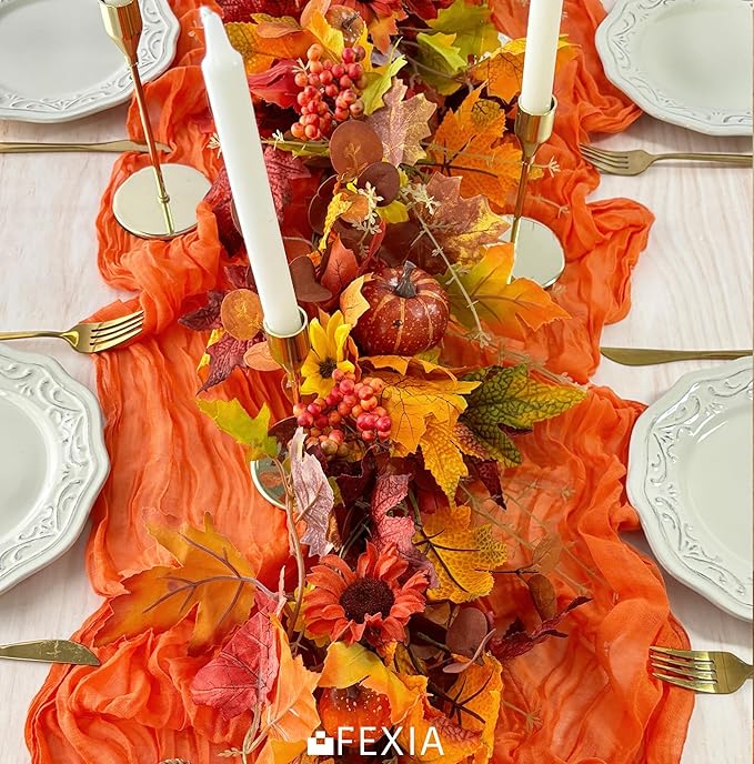 FEXIA Fall Table Runner Orange Cheesecloth 35x120 Inches Boho Gauze Table Runner Burnt for Wedding Decor Reception Bridal Shower Centerpiece Engagement
