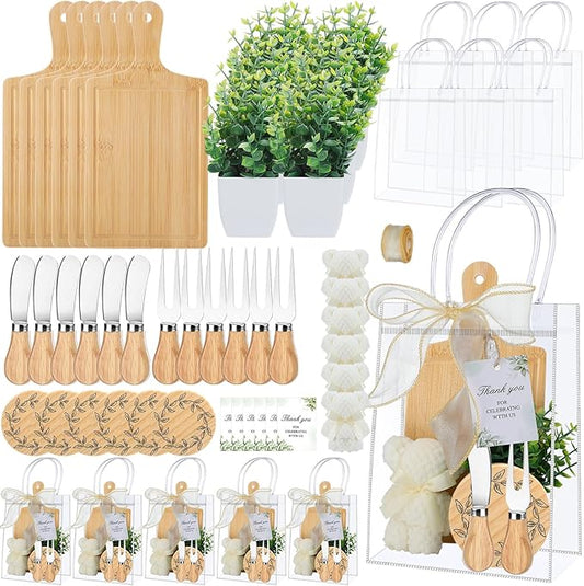 Honeydak 49 Pcs Baby Shower Prizes for Game Players 6 Sets Bamboo Cheese Board Fork Knives Coasters Towel Artificial Potted Plant Thanks Card Gift Bag for Baby Bridal Shower Wedding Favors(Square)