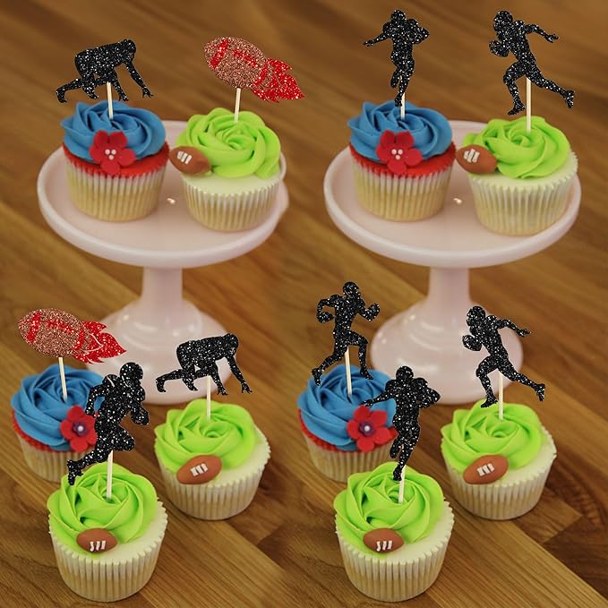 24Pcs Rugby Ball Cupcake Toppers Football Players Sport Cupcake Picks Super Rugby Sports Theme Baby Shower Birthday Party Cake Decorations Supplies