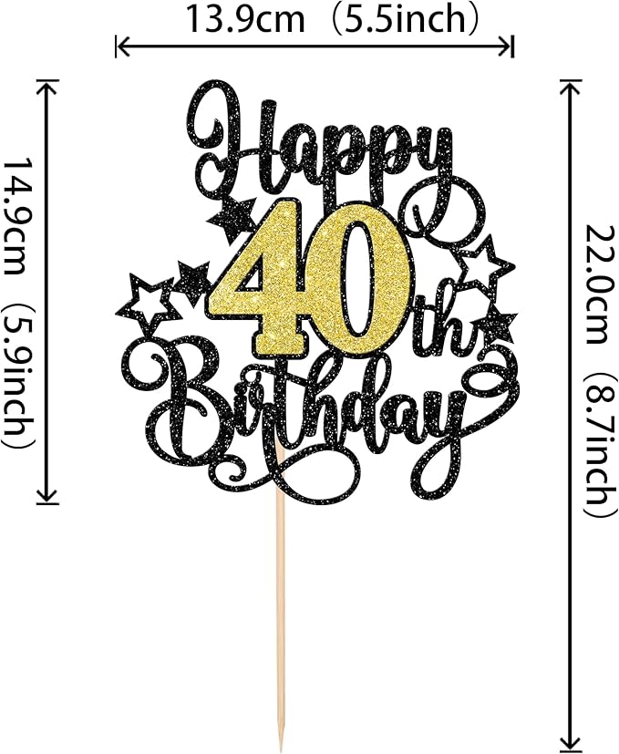 1 PCS Happy 40th Birthday Cake Topper Black Gold Glitter Cheers to 40 Years Birthday Cake Pick Hello 40 Fabulous Cake Decoration for Happy 40th Birthday Anniversary Party Decorations Supplies