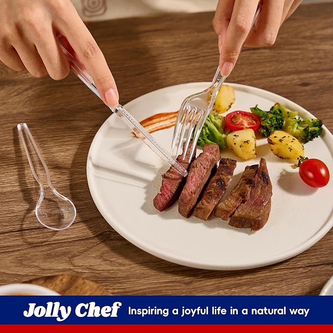 JOLLY CHEF 300 Count Clear Plastic Silverware, 100 Forks, 100 Spoons, 100 Knives, Heavy Duty Disposable Plastic Cutlery Set, Plasticware Bulk, Premium Clear Utensils for Party, Christmas