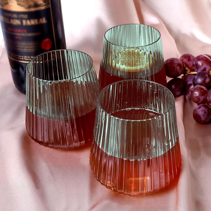 40 Pack Plastic Ribbed Wine Glasses, 14Oz Origami Disposable Wine Glasses Unbreakable Clear Plastic Cocktail Glasses Recyclable Shatterproof Reusable Wine Cups (14oz-green-40pack)