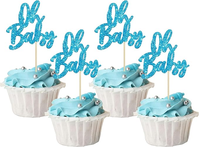 24Pcs Oh Baby Cupcake Toppers Glitter Baby Shower Cupcake Picks Gender Reveal Theme Cake Decorations for Baby Shower Kids Boys Girls Birthday Party Supplies Blue