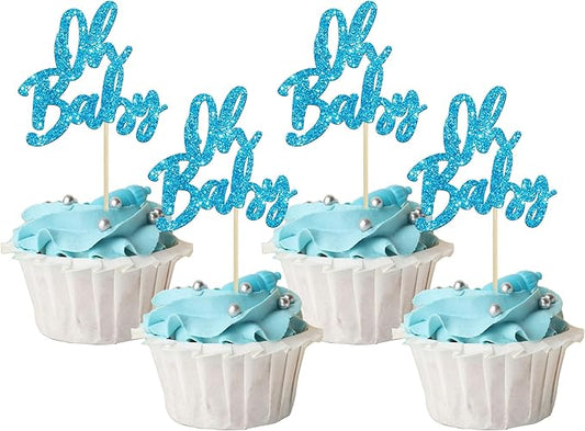24Pcs Oh Baby Cupcake Toppers Glitter Baby Shower Cupcake Picks Gender Reveal Theme Cake Decorations for Baby Shower Kids Boys Girls Birthday Party Supplies Blue