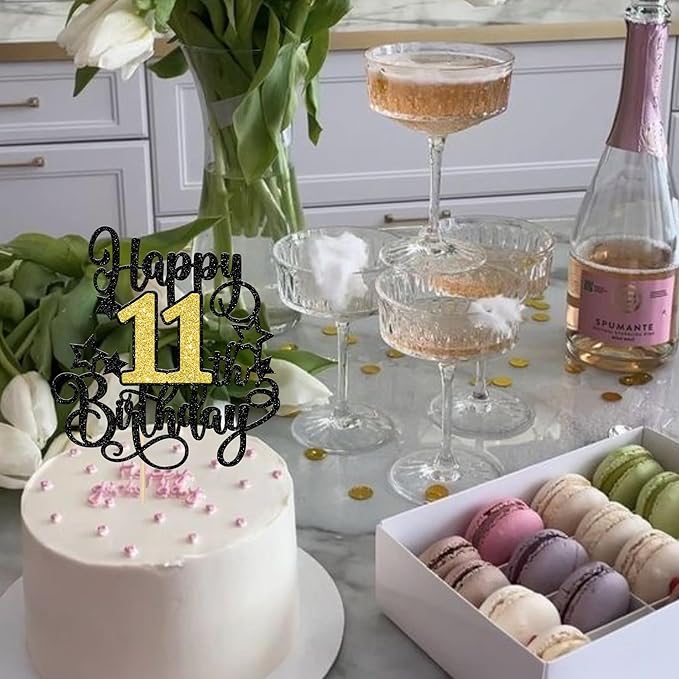 1 PCS Happy 11th Birthday Cake Topper Black Gold Glitter Cheers to 11 Years Birthday Cake Pick Hello 11 Fabulous Cake Decoration for Happy 11th Birthday Anniversary Party Decorations Supplies