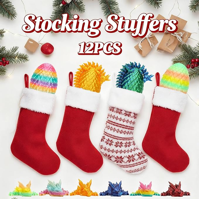12PCS 3D Printed Dragon Eggs with Dragon Inside, Small Stocking Stuffers for Kids, 3D Printed Animals Dinosaur Eggs Fidget Toys for Teens, Fun Christmas Decorations Gifts for Girls Boys Party Favors