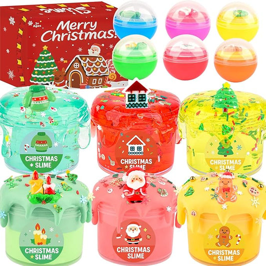 Christmas Slime Kit for Kids, 6 Pack Butter Clear Slime kit for Girls, Toys for Girls and Boys, Stocking Stuffers for Kids, Goodie Bag,Cute Stuff Party Favors, Classroom Rewards