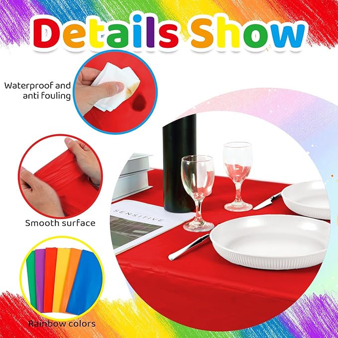 VAIPI 12 Pcs Rainbow Plastic Tablecloths Assorted Colorful Disposable Party Table Cloths Rectangle Pastel Table Covers for Wedding Birthday Neon Party Decor, 108'' x 54''