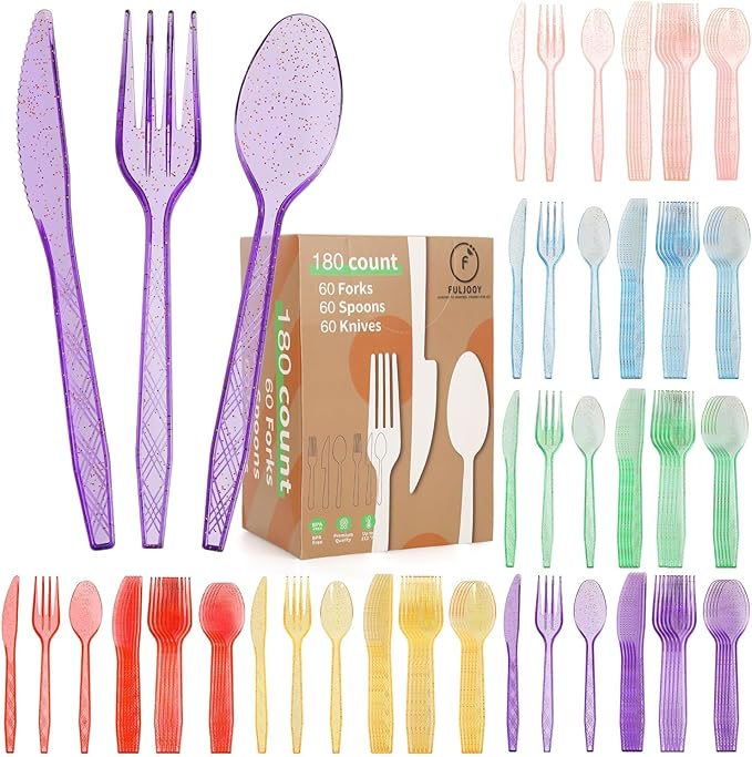 180Pcs Rainbow Red Green Yellow Blue Purple Plastic Silverware Heavy Duty Disposable Flatware Cutlery Set Includes Forks Spoons Knives for Rainbow-Themed Birthday Halloween Pride Party