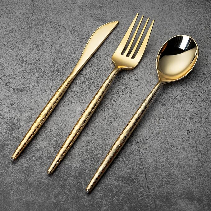 SUT 150 PCS Gold Plastic Silverware, Gold Disponsable Utensils, Plastic Silverware Heavy Duty, Includes 50 Knives, Forks and Spoons, Hammered Disponsable Cutlery for Wedding, Birthday, Party