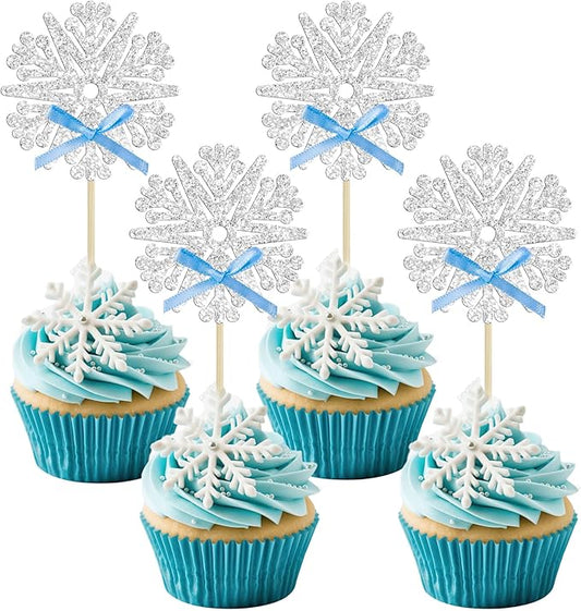 24Pcs Snowflake Cupcake Toppers Glitter Snowflake Cupcake Picks Frozen Blue Bow Snowflake Cake Decors Baby Shower Gender Reveal Winter Theme Christmas Party Cake Decor Supplies