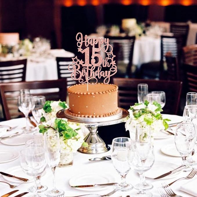1 PCS Happy 15th Birthday Cake Topper Glitter Cheers to 15 Years Birthday Cake Pick Hello 15 Fabulous Cake Decoration for Happy 15th Birthday Anniversary Party Decorations Supplies Rose Gold