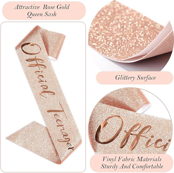 13th Birthday Decorations for Girls, Including 13th Happy Birthday Cake Toppers, Queen Sash with Pearl Pin, Sweet Rhinestone Tiara Crown, Number Candles and Balloons Set, Rose Gold