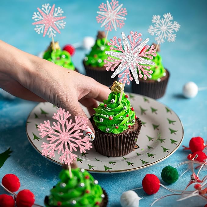 24Pcs Snowflake Cupcake Toppers Winter Frozen Winter Wonderland Cake Pick Decorations for Snowflake Theme Baby Shower Birthday Merry Christmas Party Supplies Pink