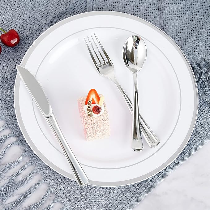 FOCUSLINE 300 Pack Silver Plastic Cutlery Set - 100 Forks, 100 Knives, 100 Spoons - Disposable Flatware Heavy Duty Plastic Silverware Set for Catering, Parties, Dinners, Weddings