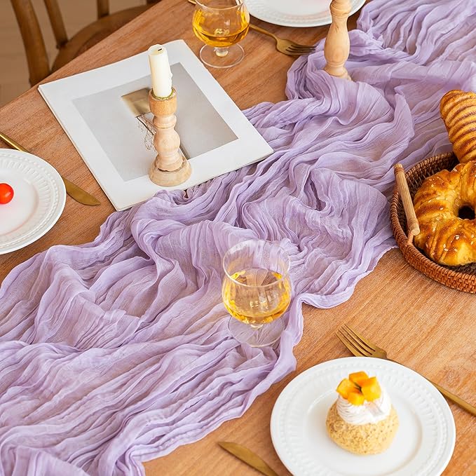 FEXIA 4 Pack Lilac Table Runner 35x120 Inches for Baby Shower Decoration Gauze Rustic Table Runner for Wedding Party First Communion Centerpiece Engagement Bridal Shower Boho Decoration