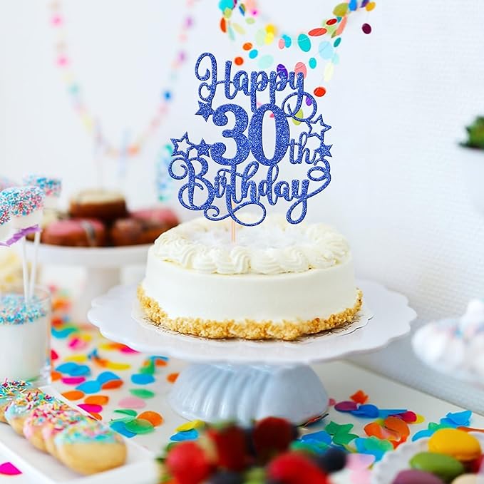 1 PCS Happy 30th Birthday Cake Topper Glitter Cheers to 30 Years Birthday Cake Pick Hello 30 Fabulous Cake Decoration for Happy 30th Birthday Anniversary Party Decorations Supplies Blue