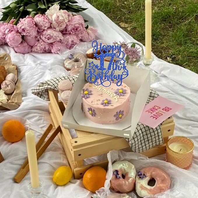 1 PCS Happy 17th Birthday Cake Topper Glitter Cheers to 17 Years Birthday Cake Pick Hello 17 Fabulous Cake Decoration for Happy 17th Birthday Anniversary Party Decorations Supplies Blue