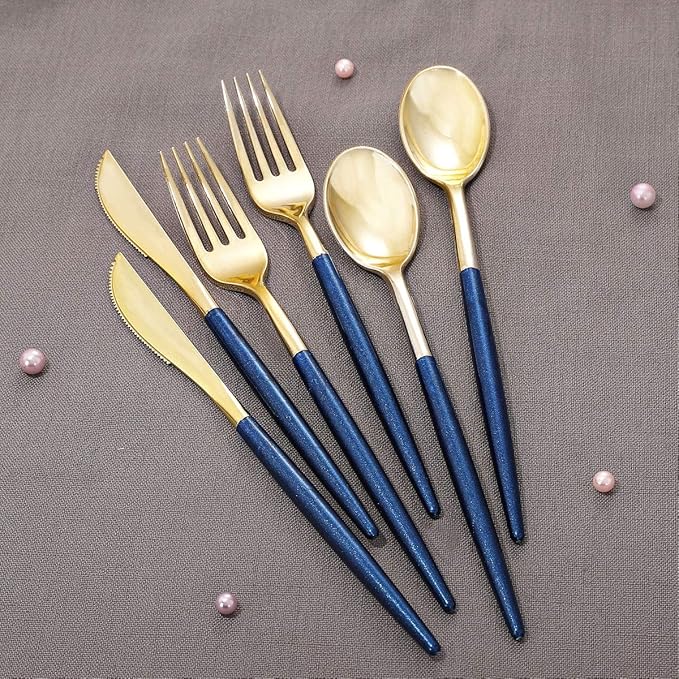 Supernal 180pcs Gold and Blue Plastic Silverware,Gold Plastic Flatware with Blue Glitter Handle,Disposable Cutlery for Party,Unique Disposable Utensils Suit for Party,Birthday,Wedding