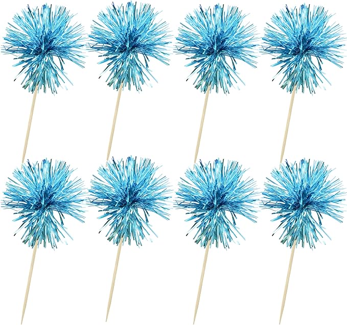 Ephlyn 30Pcs Foil Firework Cupcake Toppers Sparkle Tinsel Cupcake Picks Happy Birthday Cake Toppers Drink Stirrers Cocktail Food Toothpicks for Baby Shower Birthday Party Supplies Lake Blue