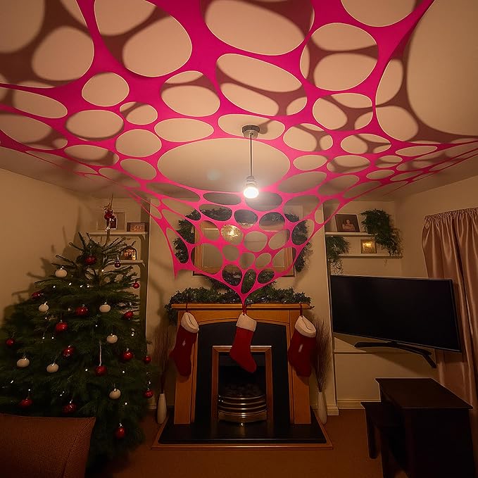 Mesh Party Decoration Background Cloth 9.5ft x 7ft Black Light Party Decoration Spandex Lycra Mesh with Eyelets for Installation (Neon Pink+Neon Pink, 9.5ft x 7ft)