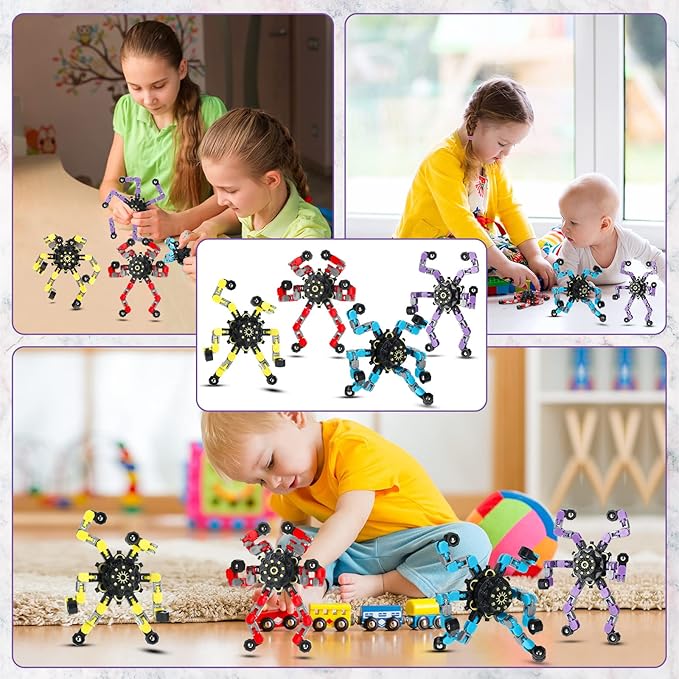 Junkin 100 Pcs Funny Sensory Fidget Toy Bulk Transformable Chain Robot Finger Toys Fidget Spinners Stress Relief Fingertip Gyro Deformable Mechanical Spiral Spinner for Adult Kids ADHD (Classic)