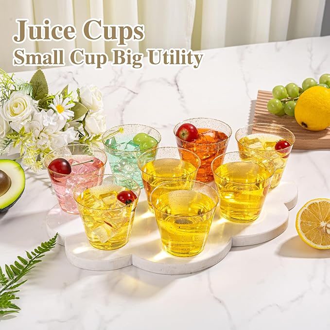 I00000 5oz 100 Pack Gold Glitter Plastic Cups, Glitter Disposable Small Plastic Cups, Disposable Clear Cup with Gold Glitter Shot Glasses, Small Tumbler Perfect for Wedding & Party