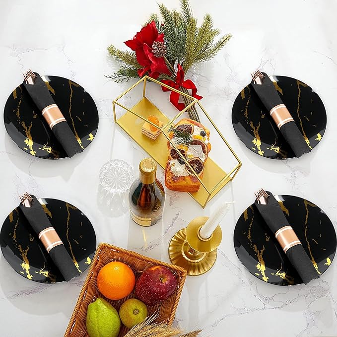 50 Pack Pre Rolled Rose Gold Plastic Silverware Set,Wrapped Plastic Cutlery Set with Napkin Include 50 Forks,50 Spoons,50 Knives and 50 Black Napkins for Party, Wedding,Christmas