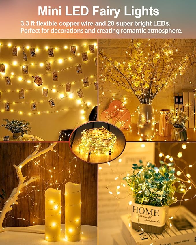 20 Pack Fairy Lights Battery Operated 3.3ft 20 LED Mini String Lights Copper Wire Twinkle Lights for Mason Jars Festivals Wedding Christmas Party Centerpiece Table Decorations, Warm White & Cool White
