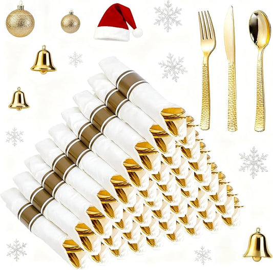 WELLIFE 300PCS Gold Plastic Cutlery,Pre Rolled Silverware Set Disposable,Gold Disposable Utensils,Includes: 75 Forks, 75 Knives, 75 Spoons, 75 Napkins, Christmas Silverware