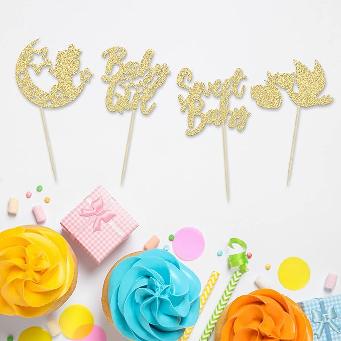 24Pcs Babyshower Girl Cupcake Toppers Glitter Moon Star Sweet Baby Gender Reveal Cupcake Picks Baby Shower Kids Girls Birthday Party Cake Decorations Supplies Gold