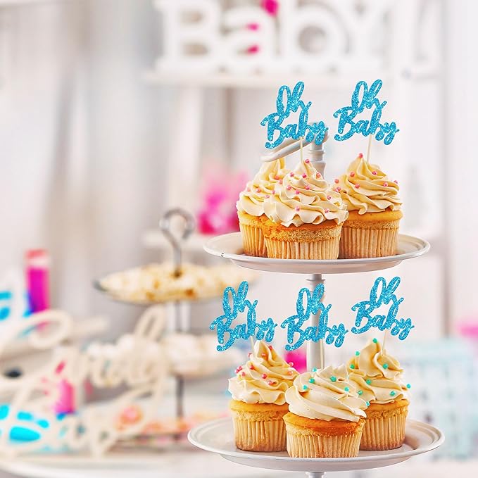24Pcs Oh Baby Cupcake Toppers Glitter Baby Shower Cupcake Picks Gender Reveal Theme Cake Decorations for Baby Shower Kids Boys Girls Birthday Party Supplies Blue
