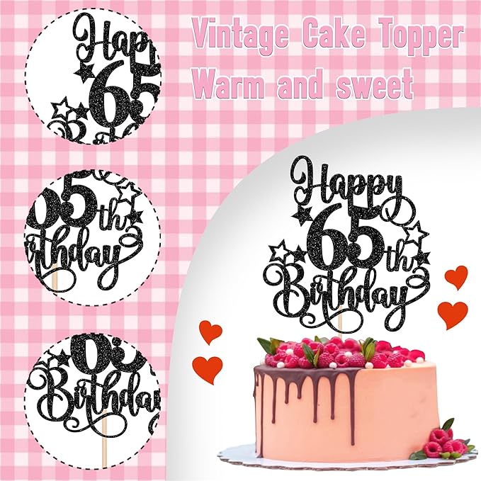 1 PCS Happy 65th Birthday Cake Topper Glitter Cheers to 65 Years Birthday Cake Pick Hello 65 Fabulous Cake Decoration for Happy 65th Birthday Anniversary Party Decorations Supplies Black