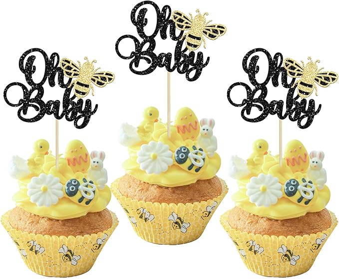 24Pcs Bee Oh Baby Cupcake Toppers Glitter Oh Babee Cupcake Picks Bumble Bee Theme Baby Shower Kids First Birthday Party Cake Decorations Supplies Black