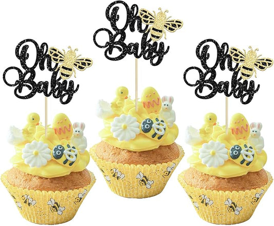 24Pcs Bee Oh Baby Cupcake Toppers Glitter Oh Babee Cupcake Picks Bumble Bee Theme Baby Shower Kids First Birthday Party Cake Decorations Supplies Black