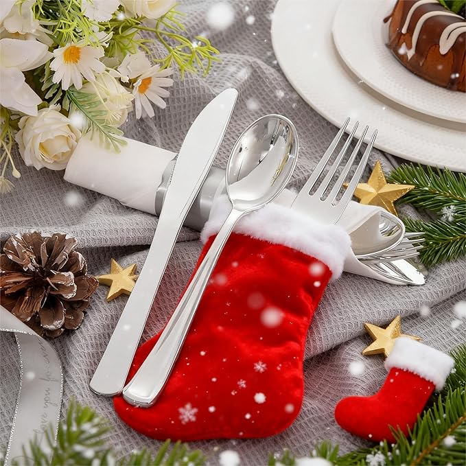 Liacere 100 Pack Silver Plastic Silverware-Pre Wrapped cutlery and Napkin-Pre Rolled Silverware Disposable 100 Forks, 100 Knives 100 Spoons, 100 Napkins Plastic Utensils＆Christmas＆New Year