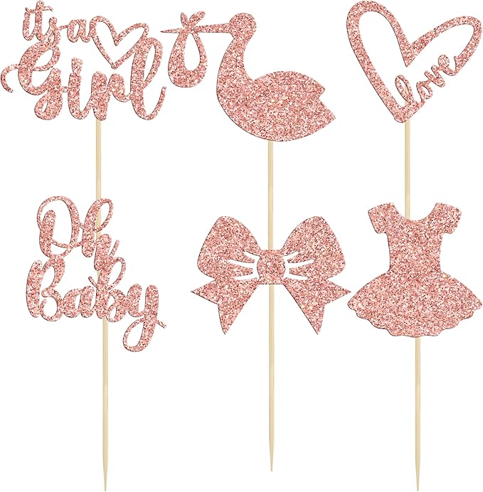 Gyufise 36 Pack Oh Baby Cupcake Toppers It's a Girl Cupcake Toppers with Bow Dress Love Heart Rose Gold Glitter Cake Picks Decorations for Baby Shower Girl Birthday Party Supplies